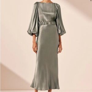 Shona Joy La Lune Balloon Sleeve Midi Dress With Belt - Sage